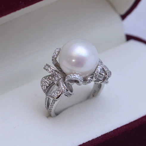12-13mm Freshwater Pearl Bowknot Zirconia Ring - May-Lynn